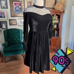 Vintage 90s Black Velvet Mesh Pearl Dress Long Sleeve Mock Neck Fit and Flare